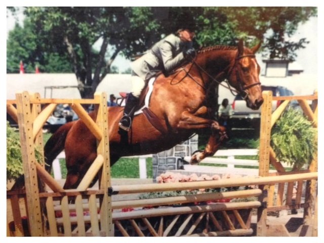 Tia and horse jumping at a competition