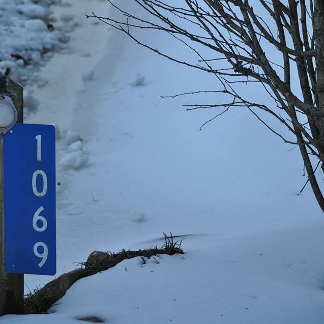 Property marker 1069 in the snow