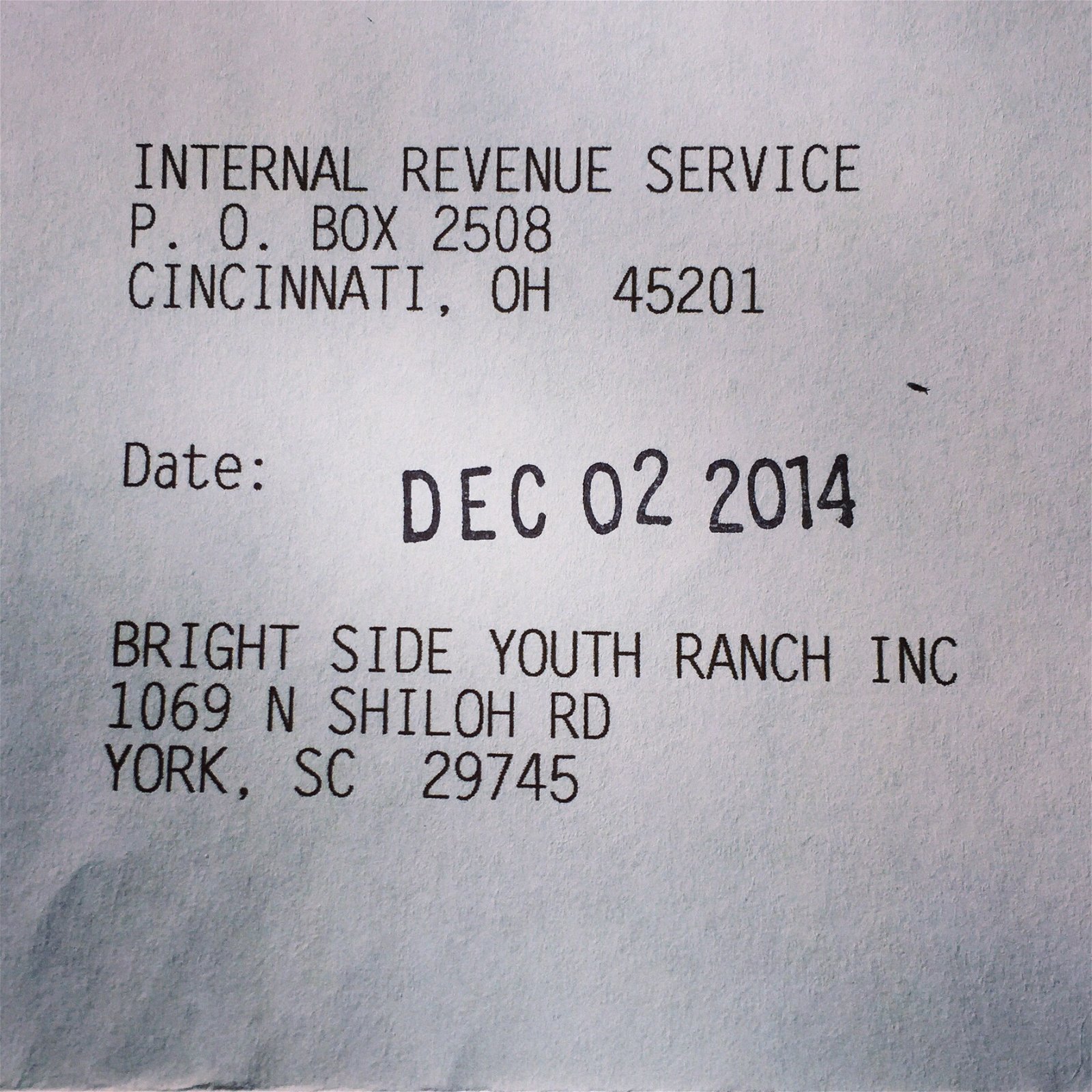 IRS receipt from Dec. 2, 2014